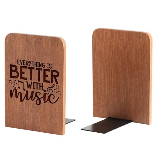 Music Lover Gifts for Women, Music Wood Bookends - Heavy Duty Iron & Ebony Wood Book Ends for Shelves Bookcase Desk - 1 Pair, 4.72x6.69 Inches - Better
