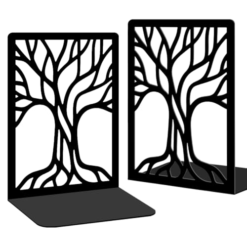 2 Pcs Black Bookends, Sturdy Metal Bookends for Shelves Decorative Book Organizer with Unique Tree Design for Home Library Office Desk