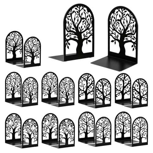 Decorative Bookends for Shelves, 20 Pcs Metal Book Ends for Heavy Books, 10 Pair Black Book Stopper for Home Office Library, 6.9" x 4.7" x 3.5"