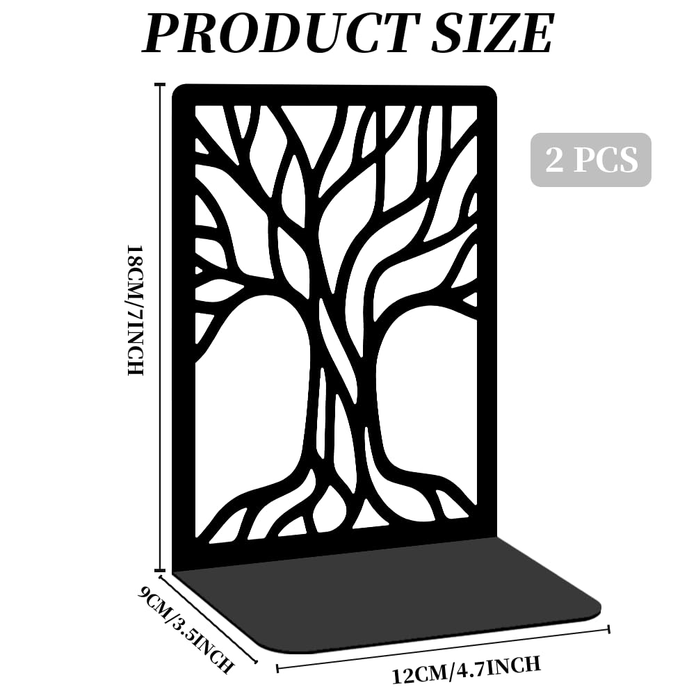 2 Pcs Black Bookends, Sturdy Metal Bookends for Shelves Decorative Book Organizer with Unique Tree Design for Home Library Office Desk
