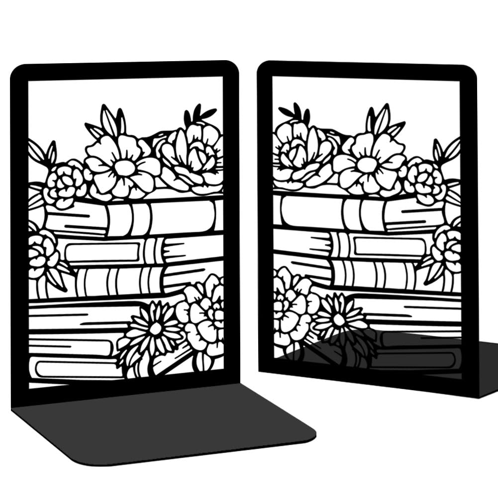 2 Pcs Black Bookends, Sturdy Metal Bookends for Shelves Decorative Book Organizer with Unique Tree Design for Home Library Office Desk