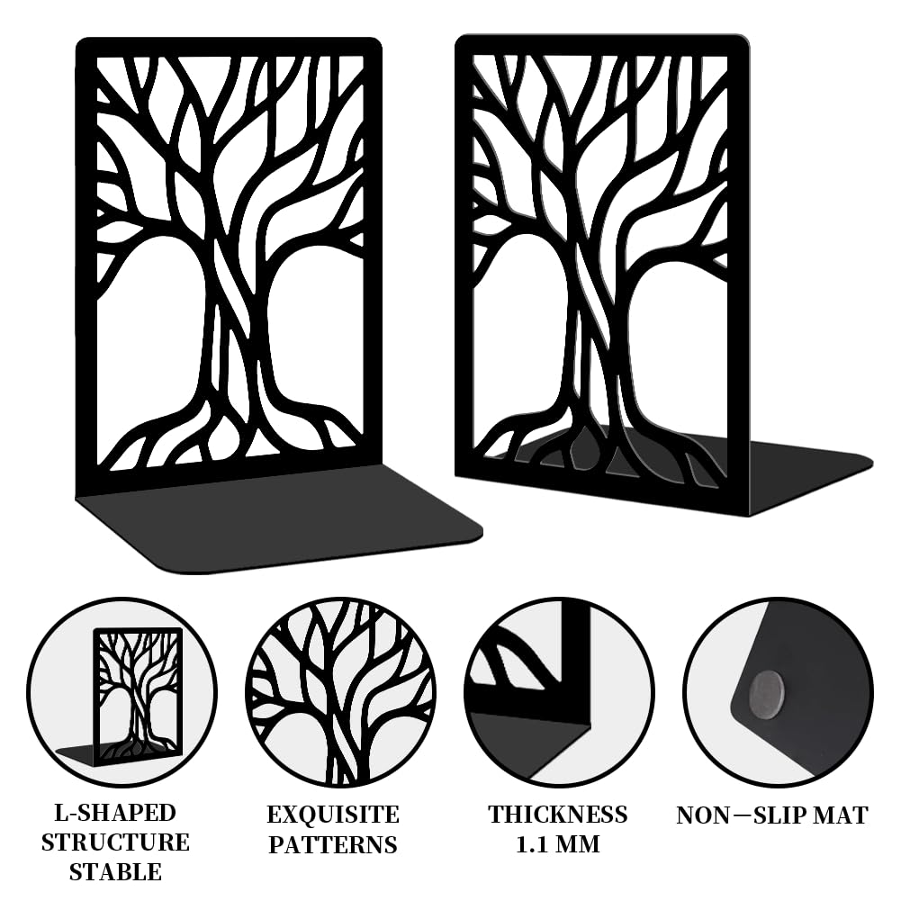2 Pcs Black Bookends, Sturdy Metal Bookends for Shelves Decorative Book Organizer with Unique Tree Design for Home Library Office Desk