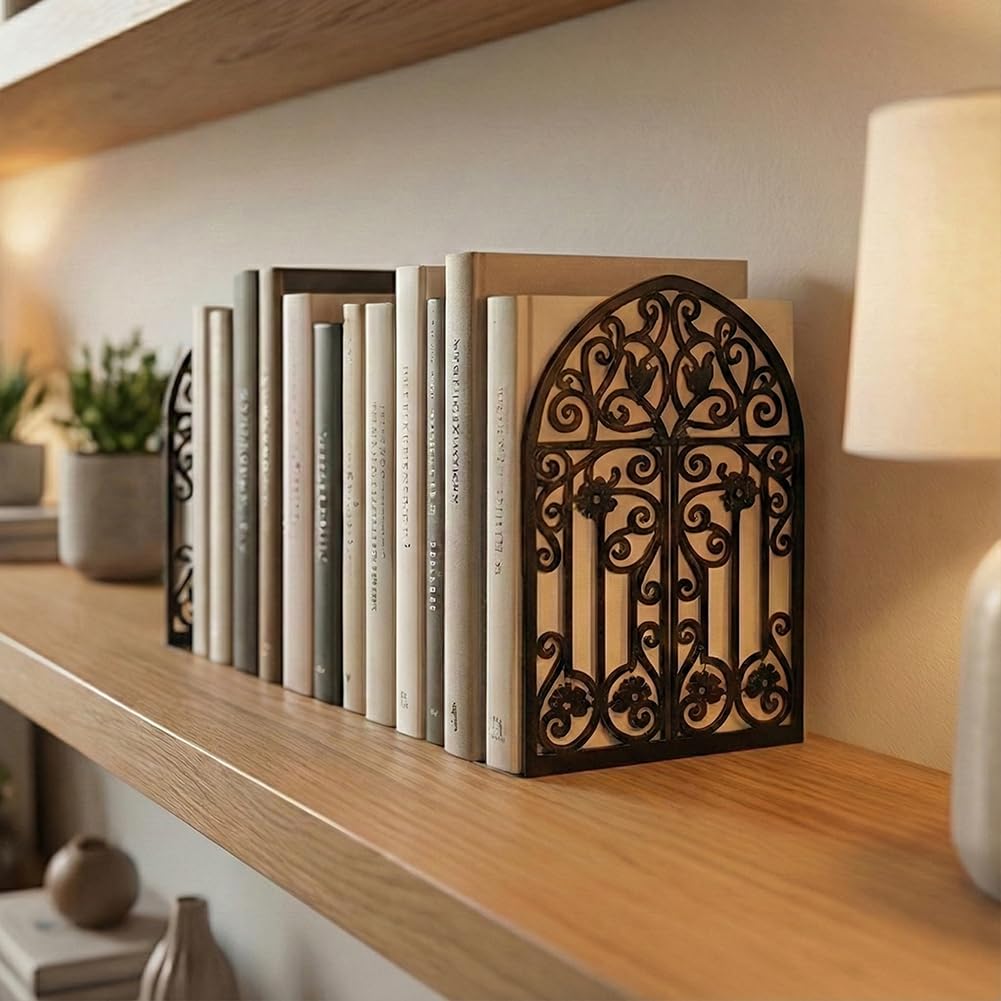 Bookends for Shelves, 2 Pcs Rose Flower Sword Design Book Ends Metal Decorative Bookends for Home Office and Library, Black