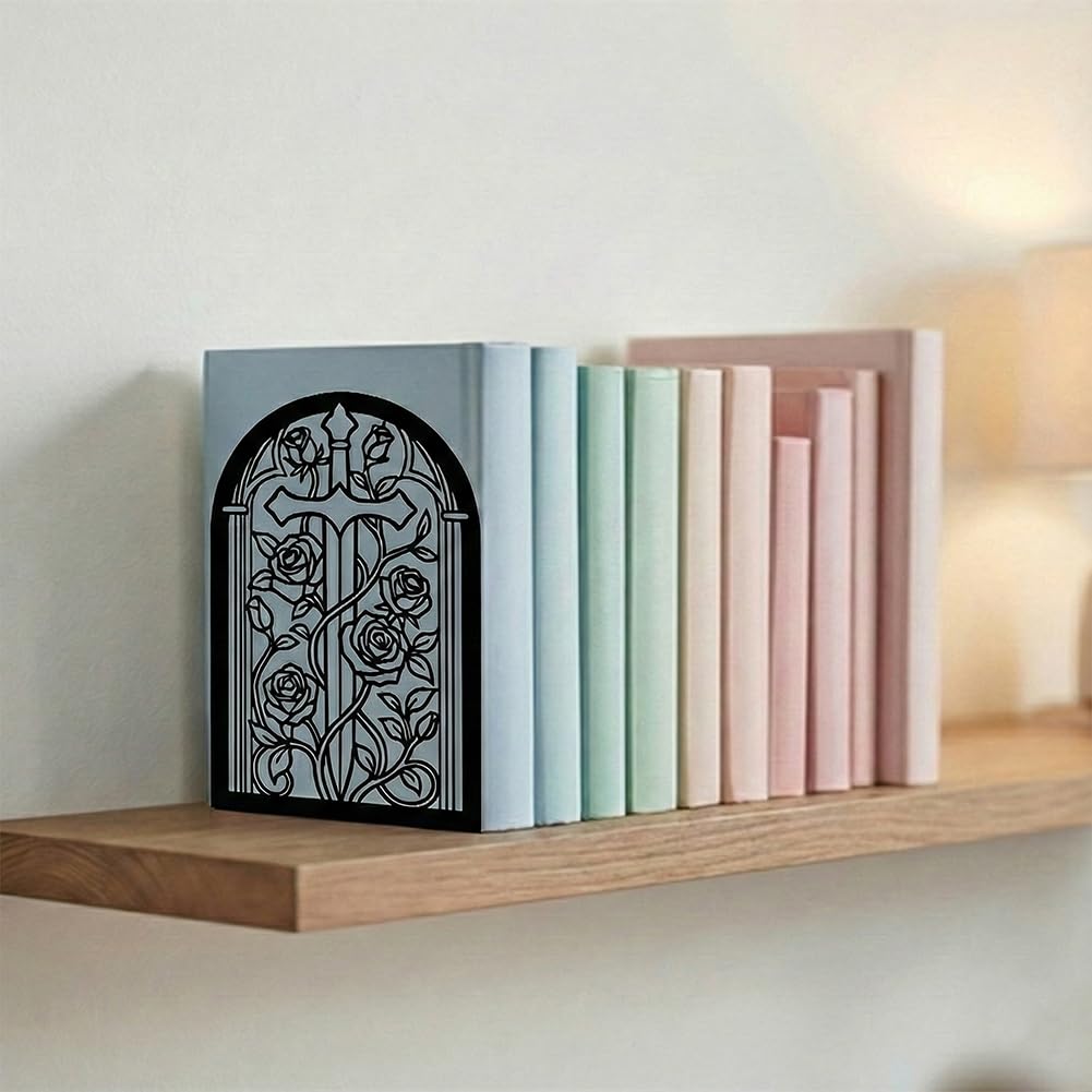 Bookends for Shelves, 2 Pcs Rose Flower Sword Design Book Ends Metal Decorative Bookends for Home Office and Library, Black