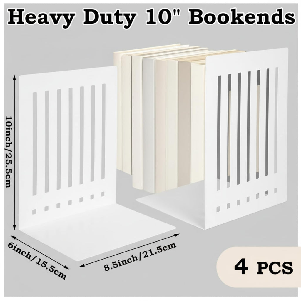 4 Pcs 10 Inch Heavy Duty Bookends Non-Skid Base Large Heavy Duty Book Ends Stopper for Office Books Vinyl Records Shelves Binders (Gold)