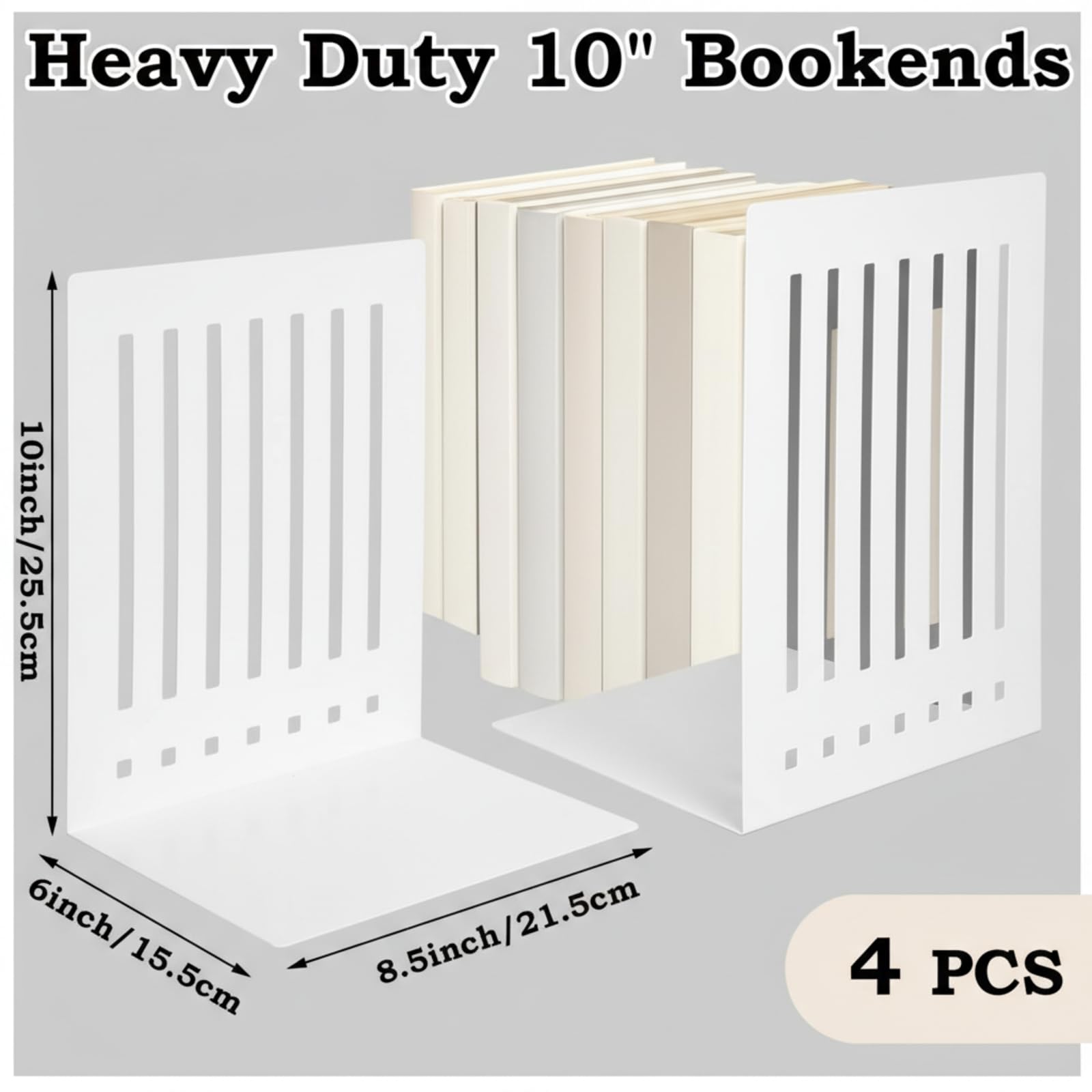 4 Pcs 10 Inch Heavy Duty Bookends Non-Skid Base Large Heavy Duty Book Ends Stopper for Office Books Vinyl Records Shelves Binders (Gold)
