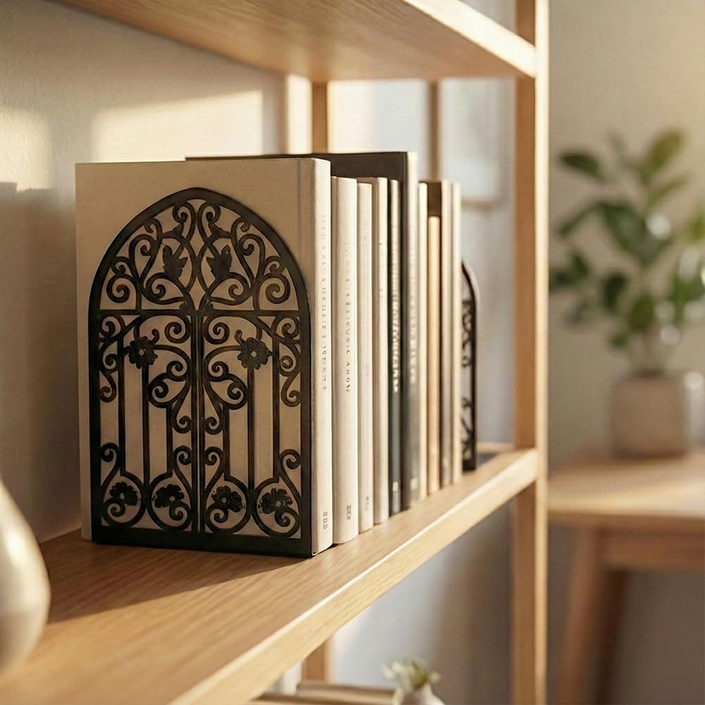 Bookends for Shelves, 2 Pcs Rose Flower Sword Design Book Ends Metal Decorative Bookends for Home Office and Library, Black