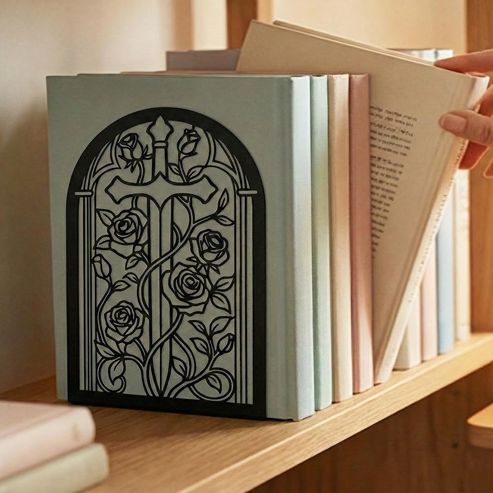 Bookends for Shelves, 2 Pcs Rose Flower Sword Design Book Ends Metal Decorative Bookends for Home Office and Library, Black