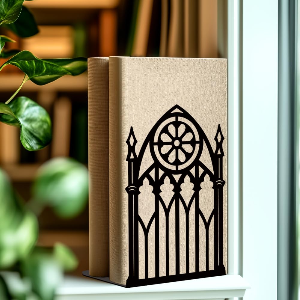 Bookends for Shelves, 2 Pcs Rose Flower Sword Design Book Ends Metal Decorative Bookends for Home Office and Library, Black