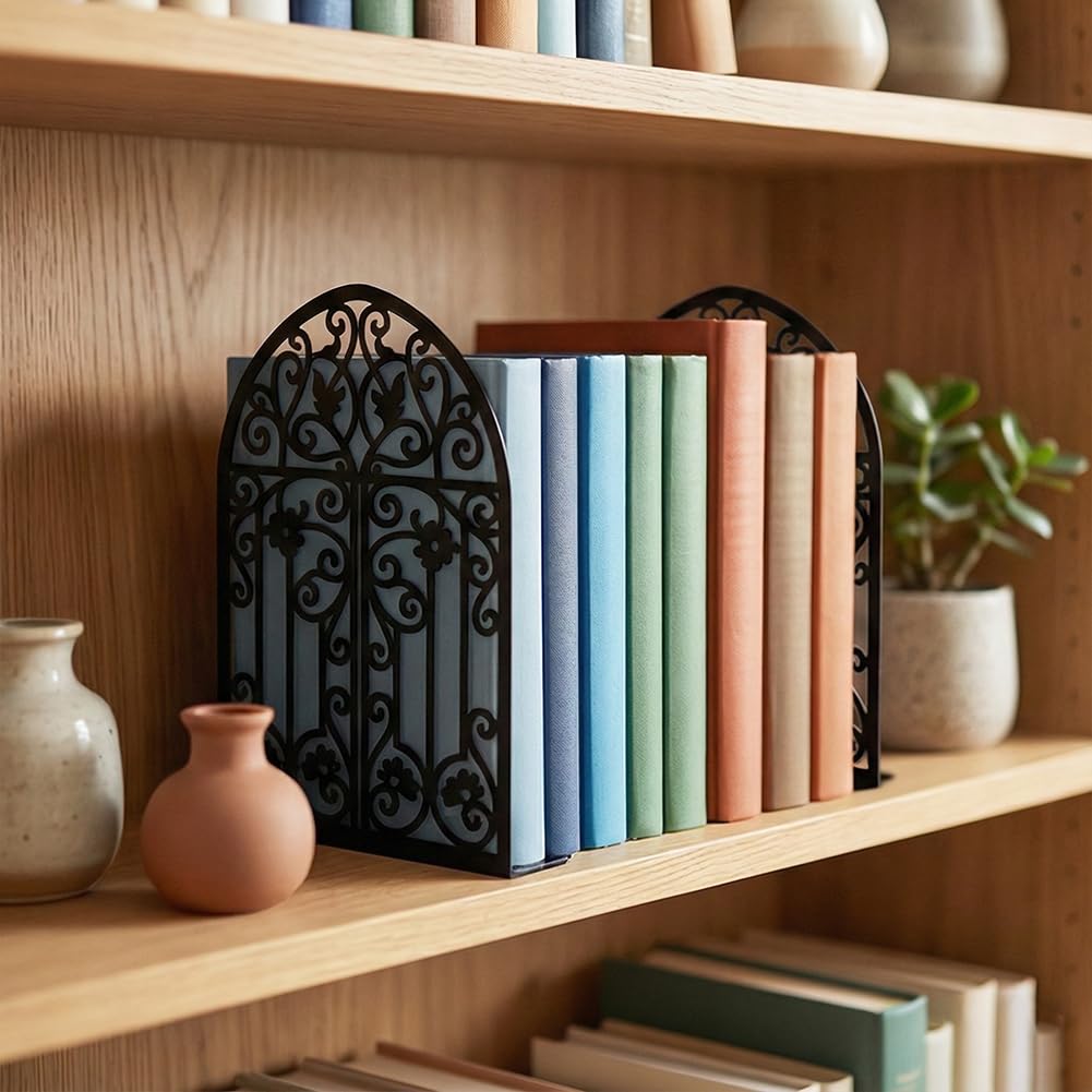 Bookends for Shelves, 2 Pcs Rose Flower Sword Design Book Ends Metal Decorative Bookends for Home Office and Library, Black