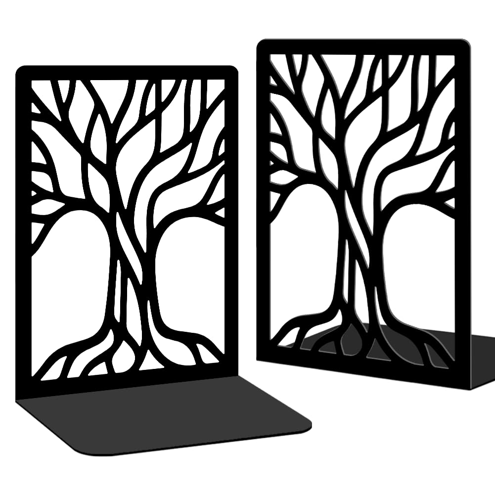 2 Pcs Black Bookends, Sturdy Metal Bookends for Shelves Decorative Book Organizer with Unique Tree Design for Home Library Office Desk