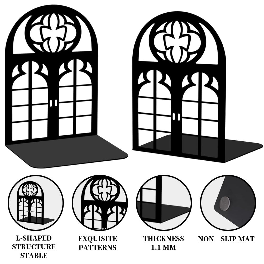 Bookends for Shelves, 2 Pcs Rose Flower Sword Design Book Ends Metal Decorative Bookends for Home Office and Library, Black