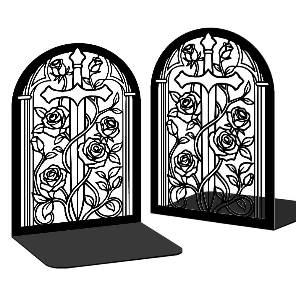 Bookends for Shelves, 2 Pcs Rose Flower Sword Design Book Ends Metal Decorative Bookends for Home Office and Library, Black