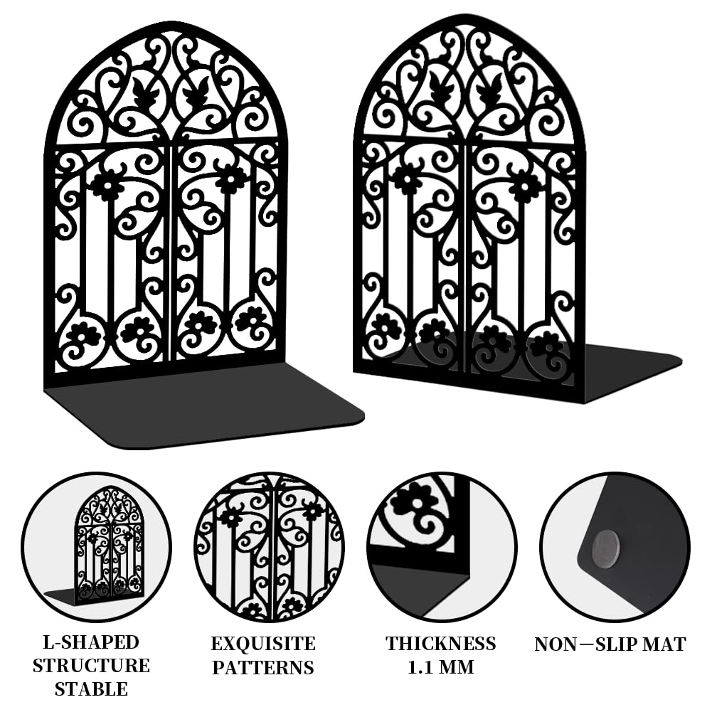 Bookends for Shelves, 2 Pcs Rose Flower Sword Design Book Ends Metal Decorative Bookends for Home Office and Library, Black