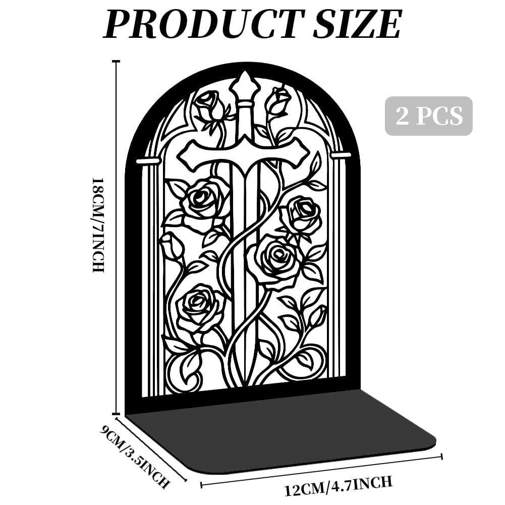 Bookends for Shelves, 2 Pcs Rose Flower Sword Design Book Ends Metal Decorative Bookends for Home Office and Library, Black