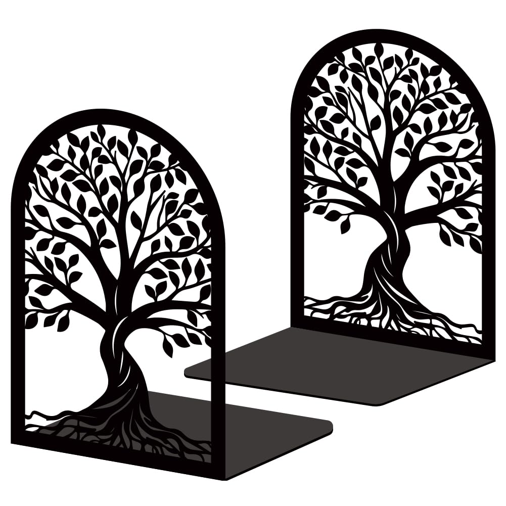 2 Pcs Black Bookends, Sturdy Metal Bookends for Shelves Decorative Book Organizer with Unique Tree Design for Home Library Office Desk