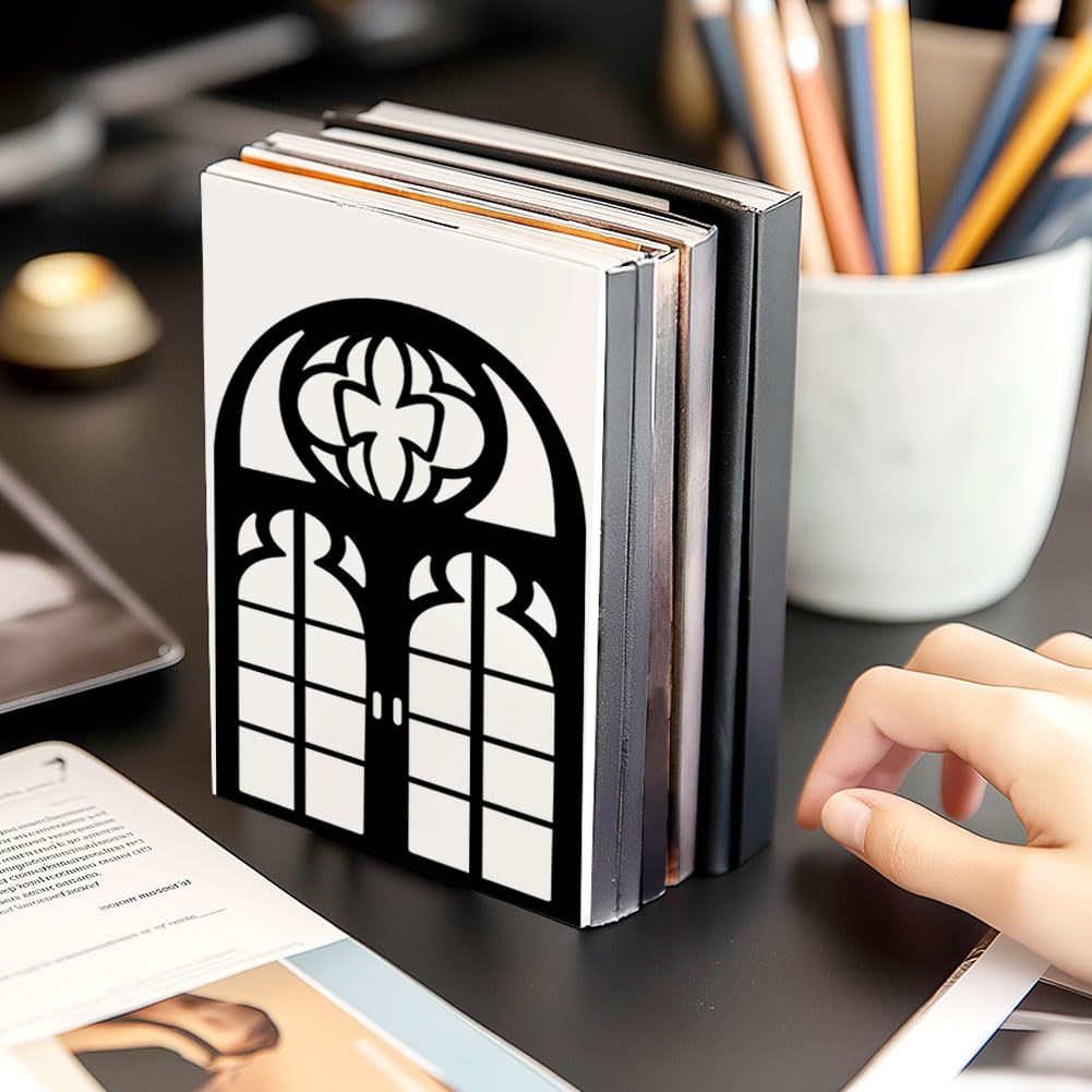 Bookends for Shelves, 2 Pcs Rose Flower Sword Design Book Ends Metal Decorative Bookends for Home Office and Library, Black