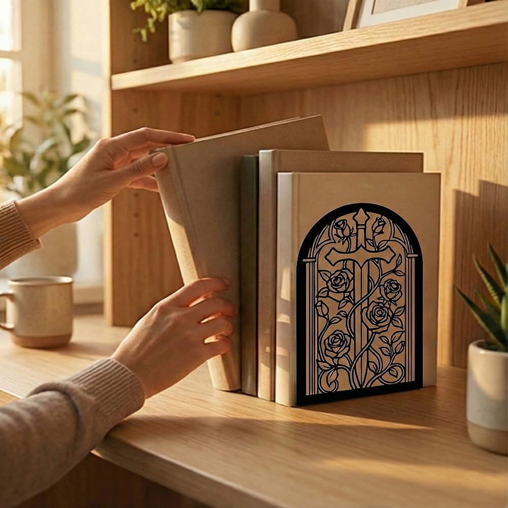 Bookends for Shelves, 2 Pcs Rose Flower Sword Design Book Ends Metal Decorative Bookends for Home Office and Library, Black