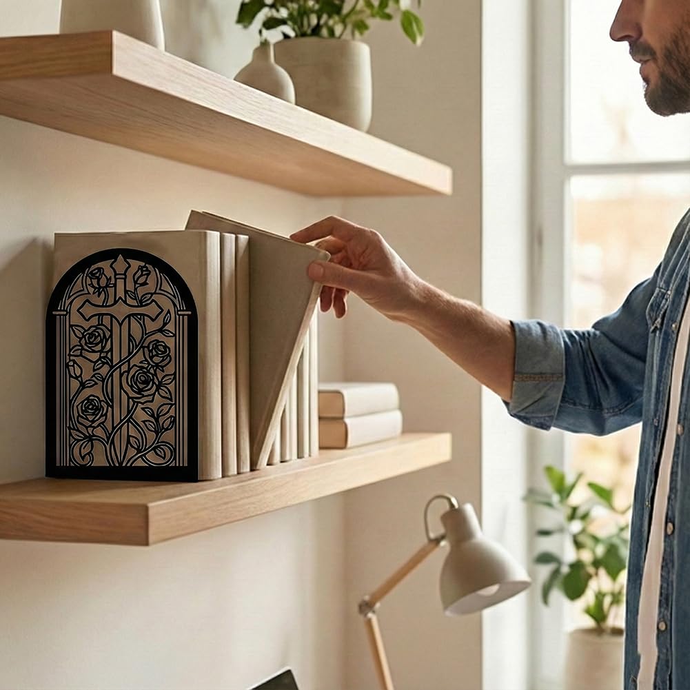 Bookends for Shelves, 2 Pcs Rose Flower Sword Design Book Ends Metal Decorative Bookends for Home Office and Library, Black