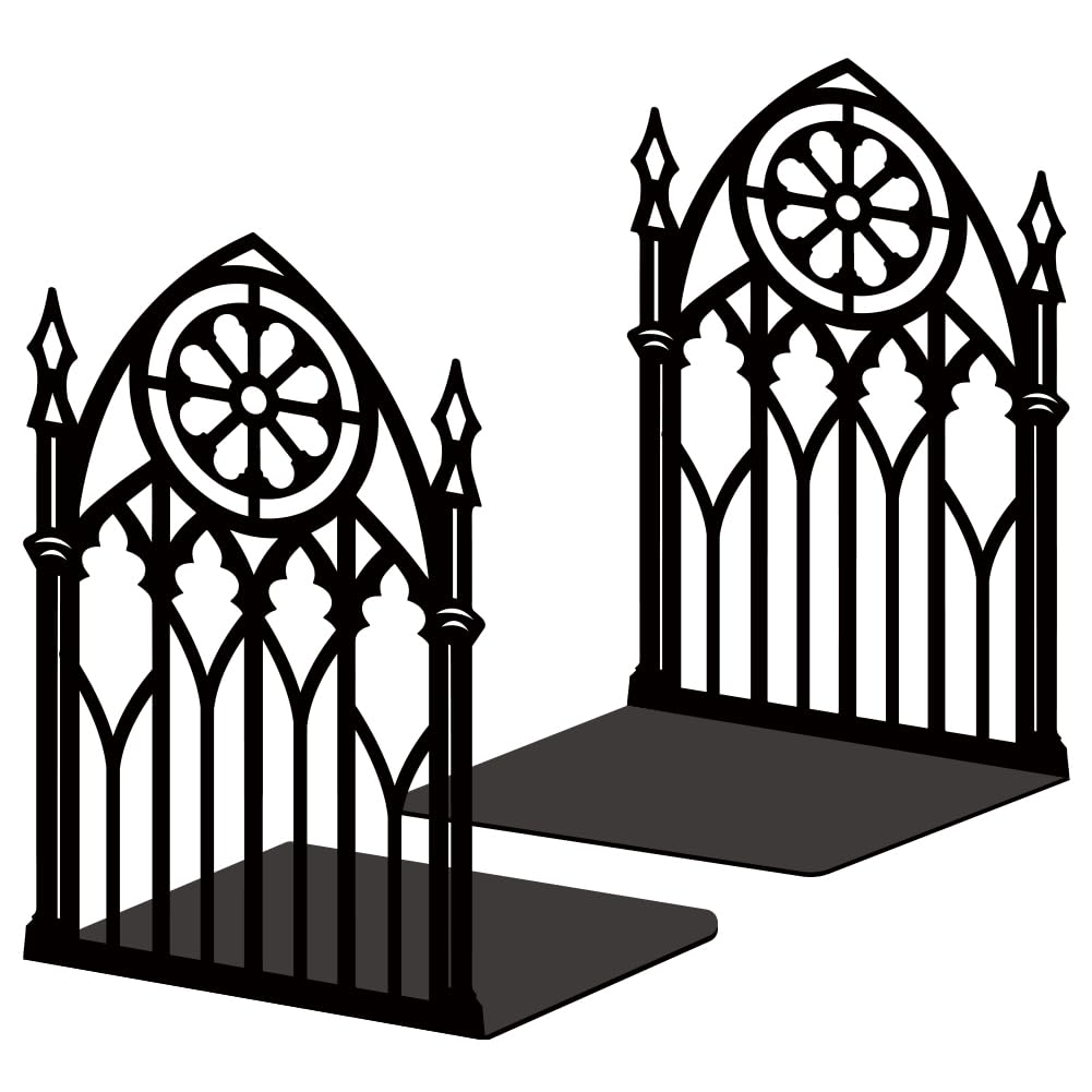 Bookends for Shelves, 2 Pcs Rose Flower Sword Design Book Ends Metal Decorative Bookends for Home Office and Library, Black