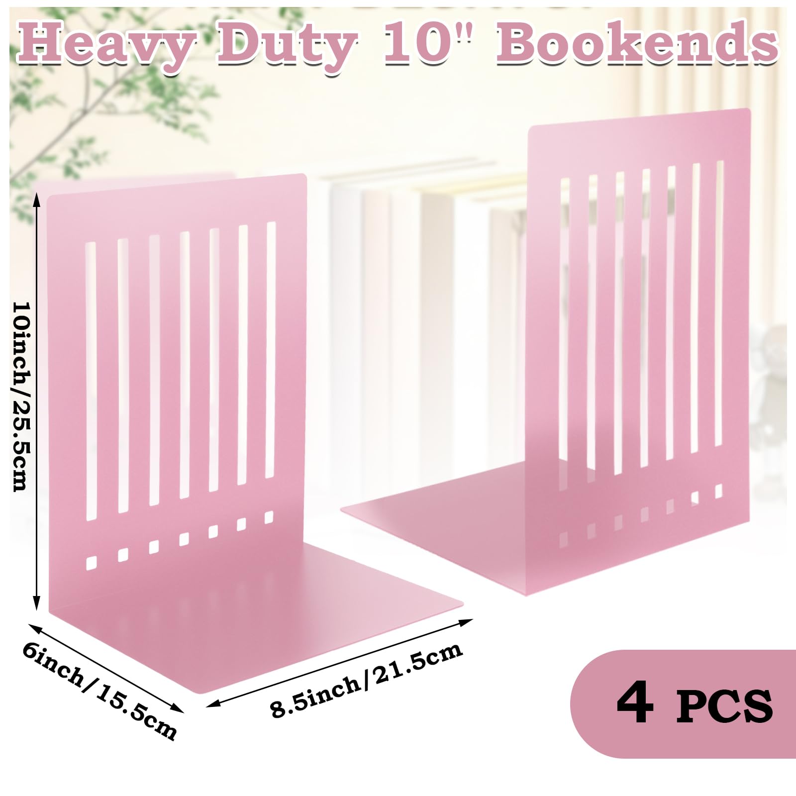 4 Pcs 10 Inch Heavy Duty Bookends Non-Skid Base Large Heavy Duty Book Ends Stopper for Office Books Vinyl Records Shelves Binders (Gold)