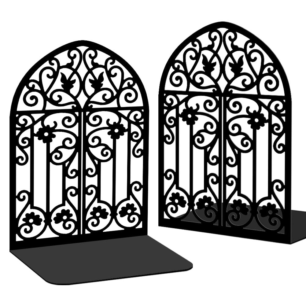Bookends for Shelves, 2 Pcs Rose Flower Sword Design Book Ends Metal Decorative Bookends for Home Office and Library, Black