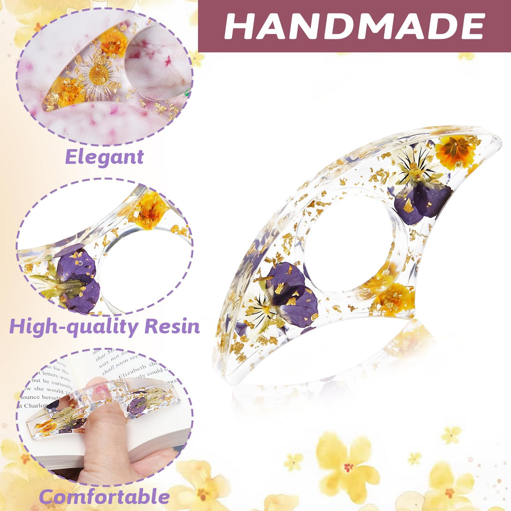 Book Page Holder, Tumwisk 2PCS Book Holder Thumb, Resin Dried Flower Page Holder, Reading Accessories for Reading Lovers, Thumb Bookmark Gifts for Readers Women（Purple and Orange