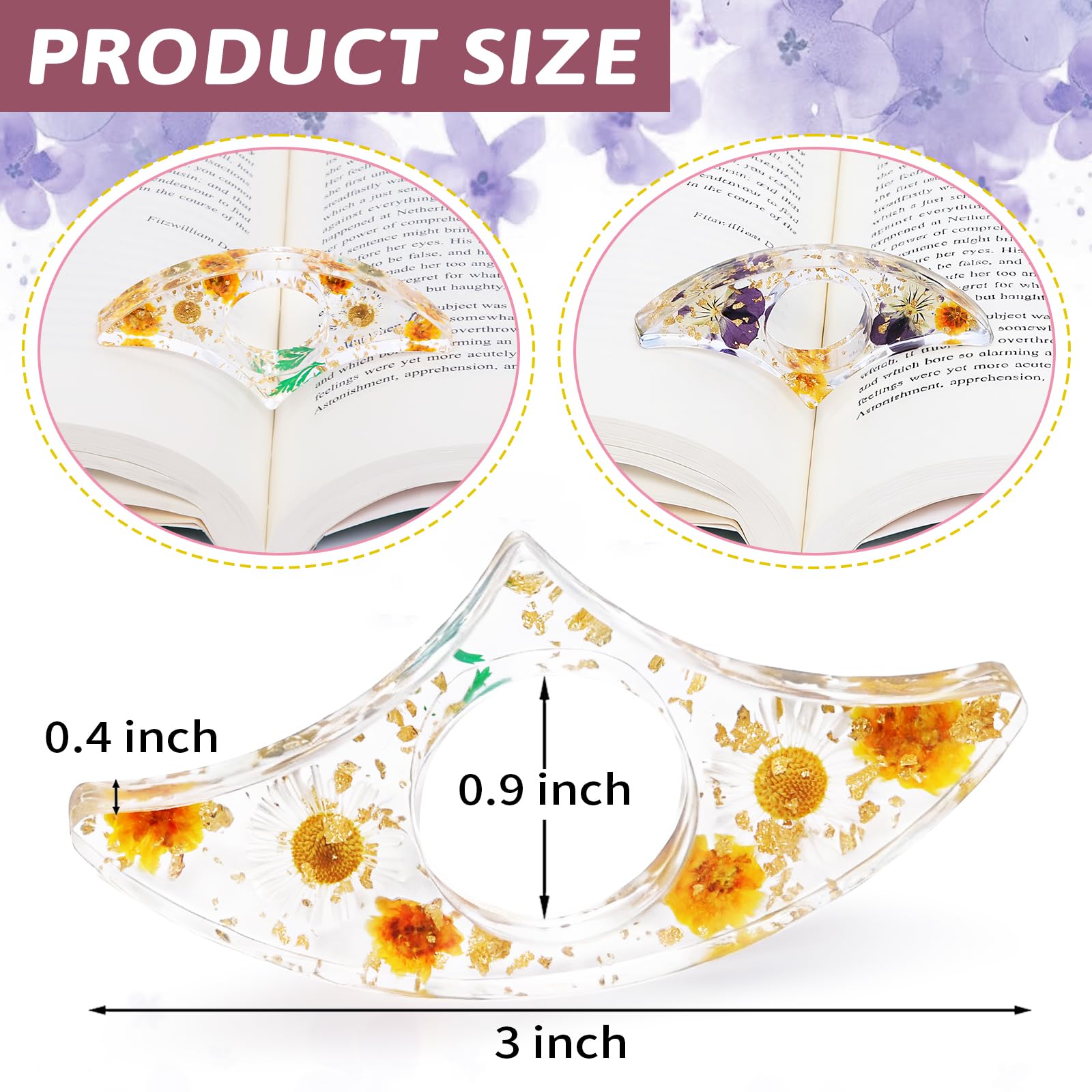 Book Page Holder, Tumwisk 2PCS Book Holder Thumb, Resin Dried Flower Page Holder, Reading Accessories for Reading Lovers, Thumb Bookmark Gifts for Readers Women（Purple and Orange