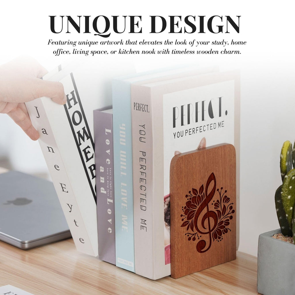 Music Lover Gifts for Women, Music Wood Bookends - Heavy Duty Iron & Ebony Wood Book Ends for Shelves Bookcase Desk - 1 Pair, 4.72x6.69 Inches - Better