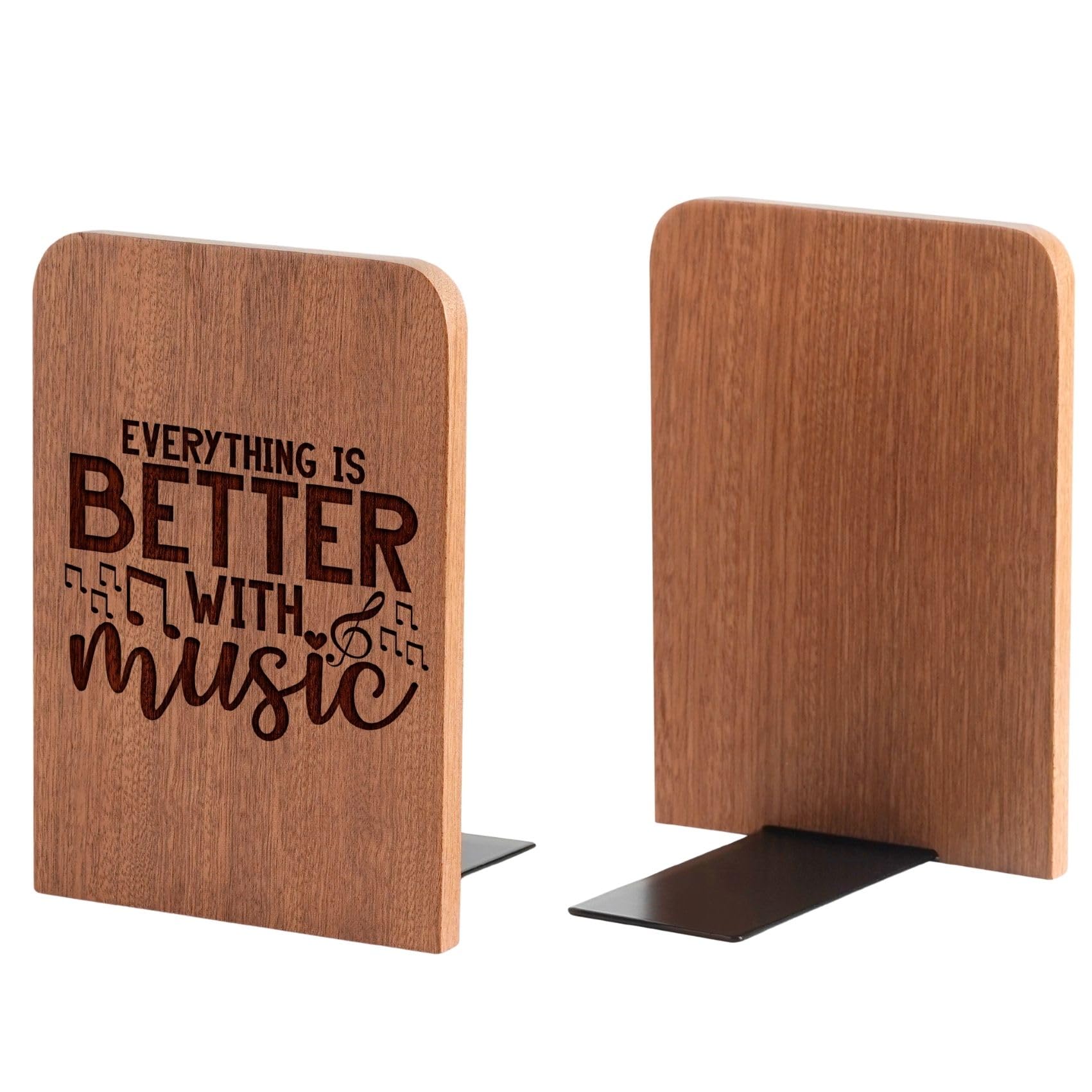 Music Lover Gifts for Women, Music Wood Bookends - Heavy Duty Iron & Ebony Wood Book Ends for Shelves Bookcase Desk - 1 Pair, 4.72x6.69 Inches - Better