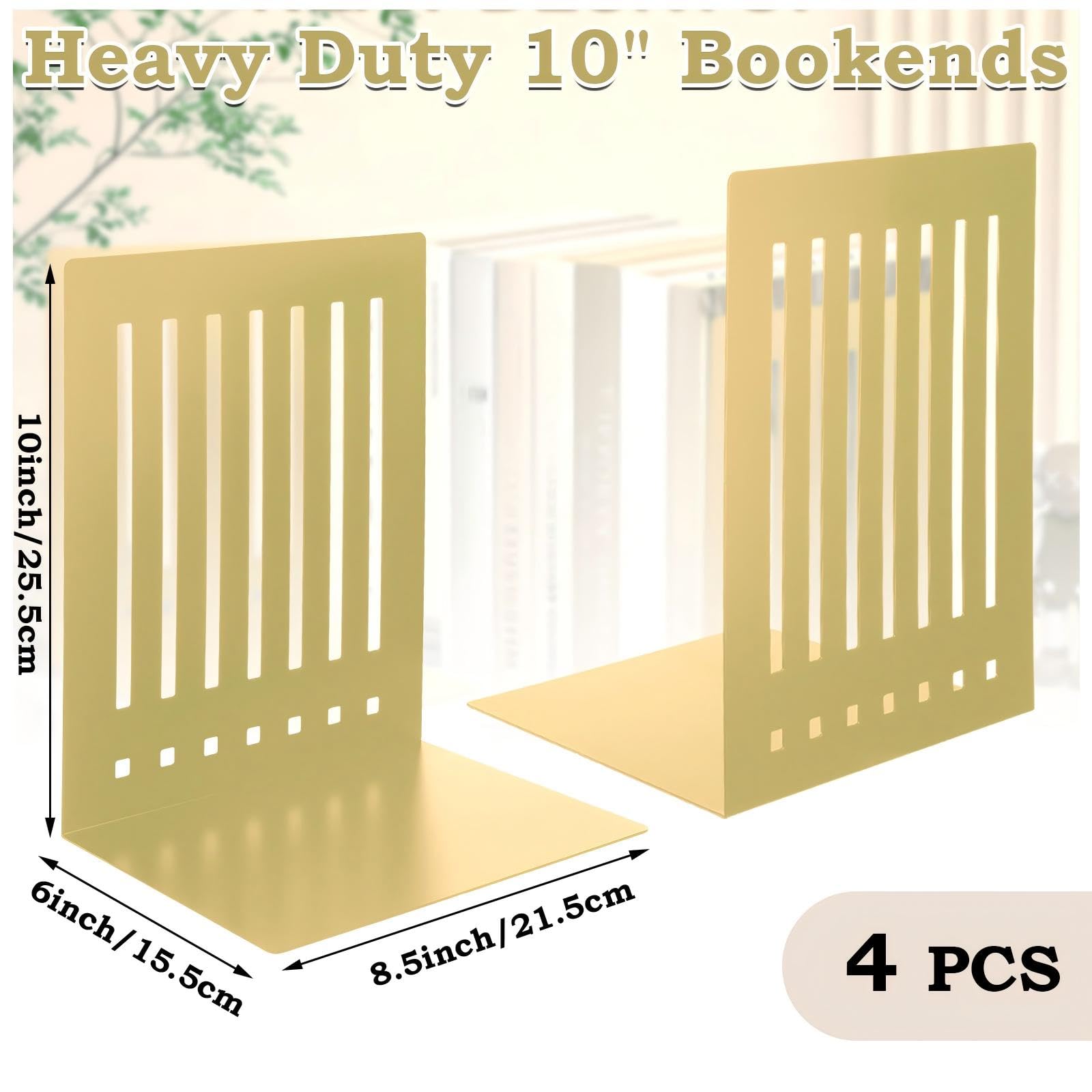 4 Pcs 10 Inch Heavy Duty Bookends Non-Skid Base Large Heavy Duty Book Ends Stopper for Office Books Vinyl Records Shelves Binders (Gold)