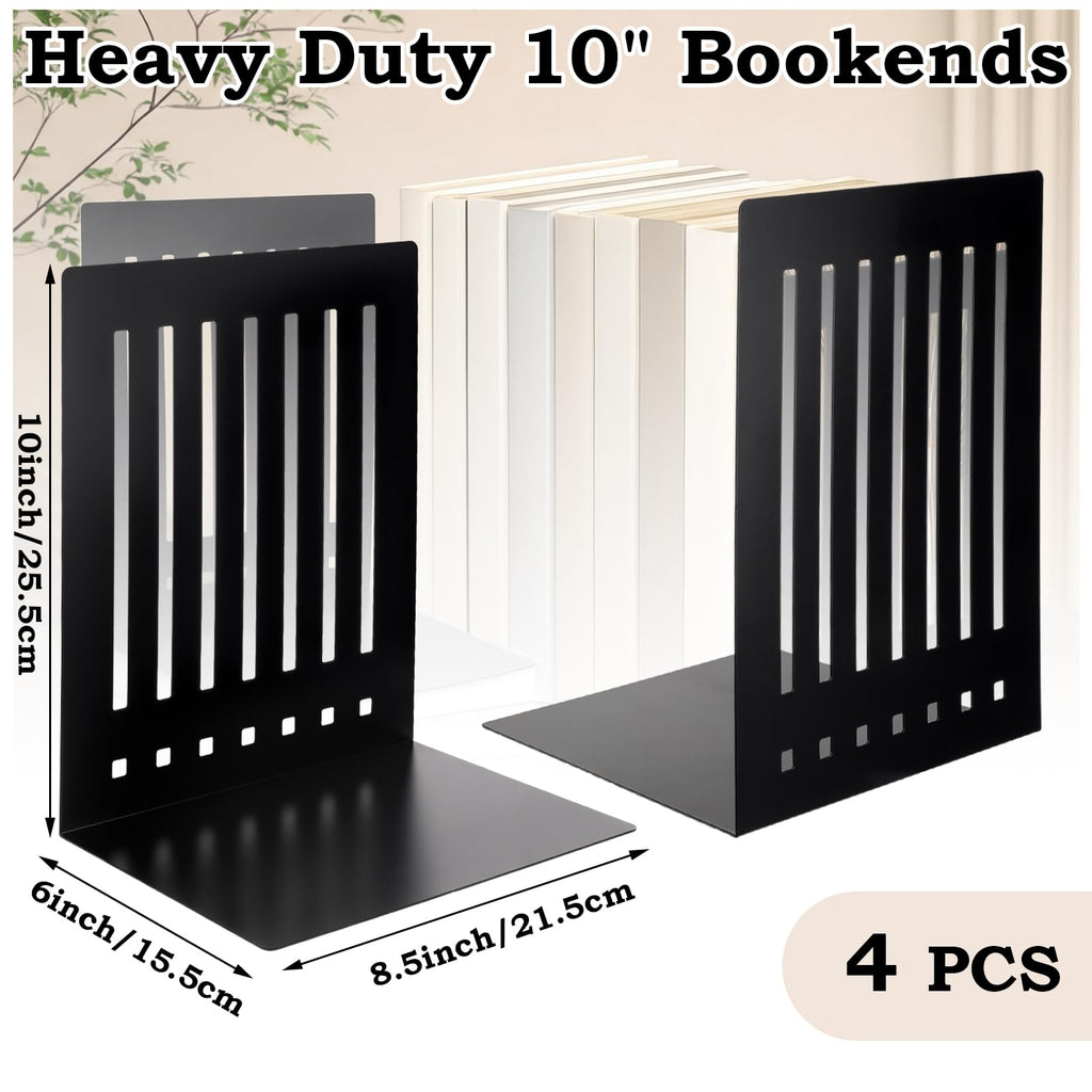 4 Pcs 10 Inch Heavy Duty Bookends Non-Skid Base Large Heavy Duty Book Ends Stopper for Office Books Vinyl Records Shelves Binders (Gold)