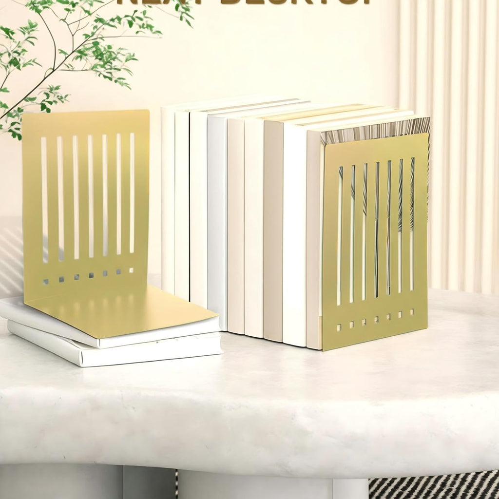 4 Pcs 10 Inch Heavy Duty Bookends Non-Skid Base Large Heavy Duty Book Ends Stopper for Office Books Vinyl Records Shelves Binders (Gold)