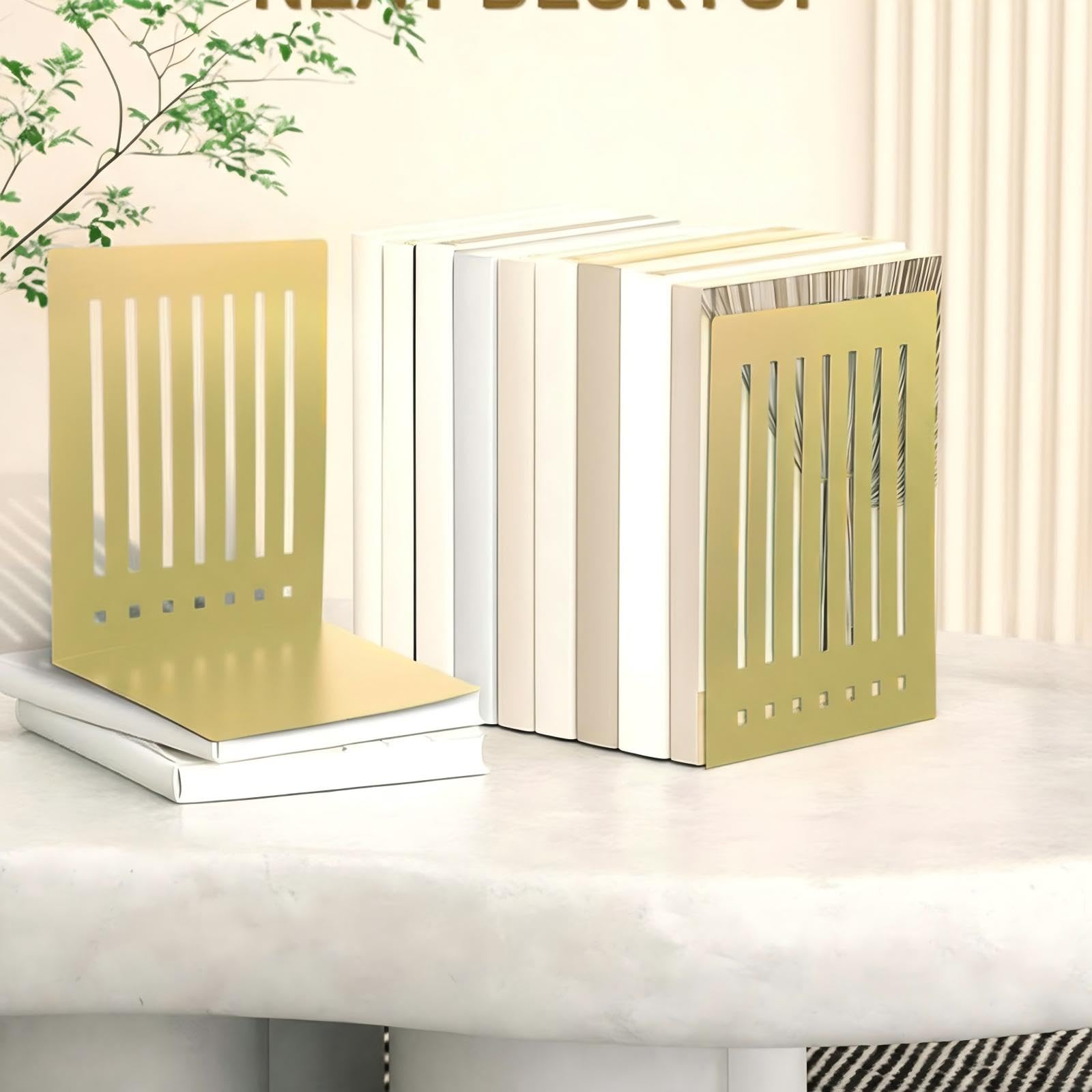 4 Pcs 10 Inch Heavy Duty Bookends Non-Skid Base Large Heavy Duty Book Ends Stopper for Office Books Vinyl Records Shelves Binders (Gold)