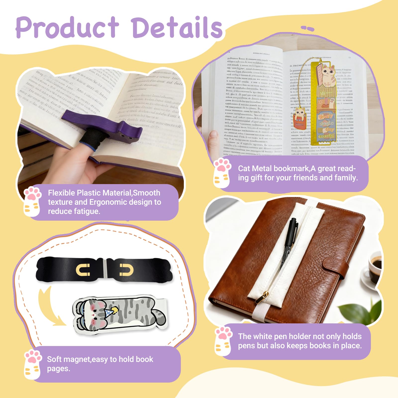 Cat Bookmark Set,with Two Cat Thumb Book Page Holders,Pen Holder,and Cat Magnetic Bookmarks,Metal Book Marks for Reading,Book Accessories,Cat Lover Gift,Cute Bookmarks for Women,Cat Lovers,7 Pcs