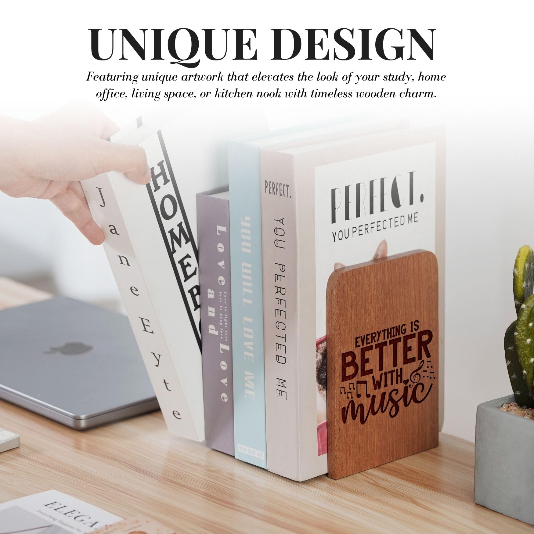 Music Lover Gifts for Women, Music Wood Bookends - Heavy Duty Iron & Ebony Wood Book Ends for Shelves Bookcase Desk - 1 Pair, 4.72x6.69 Inches - Better