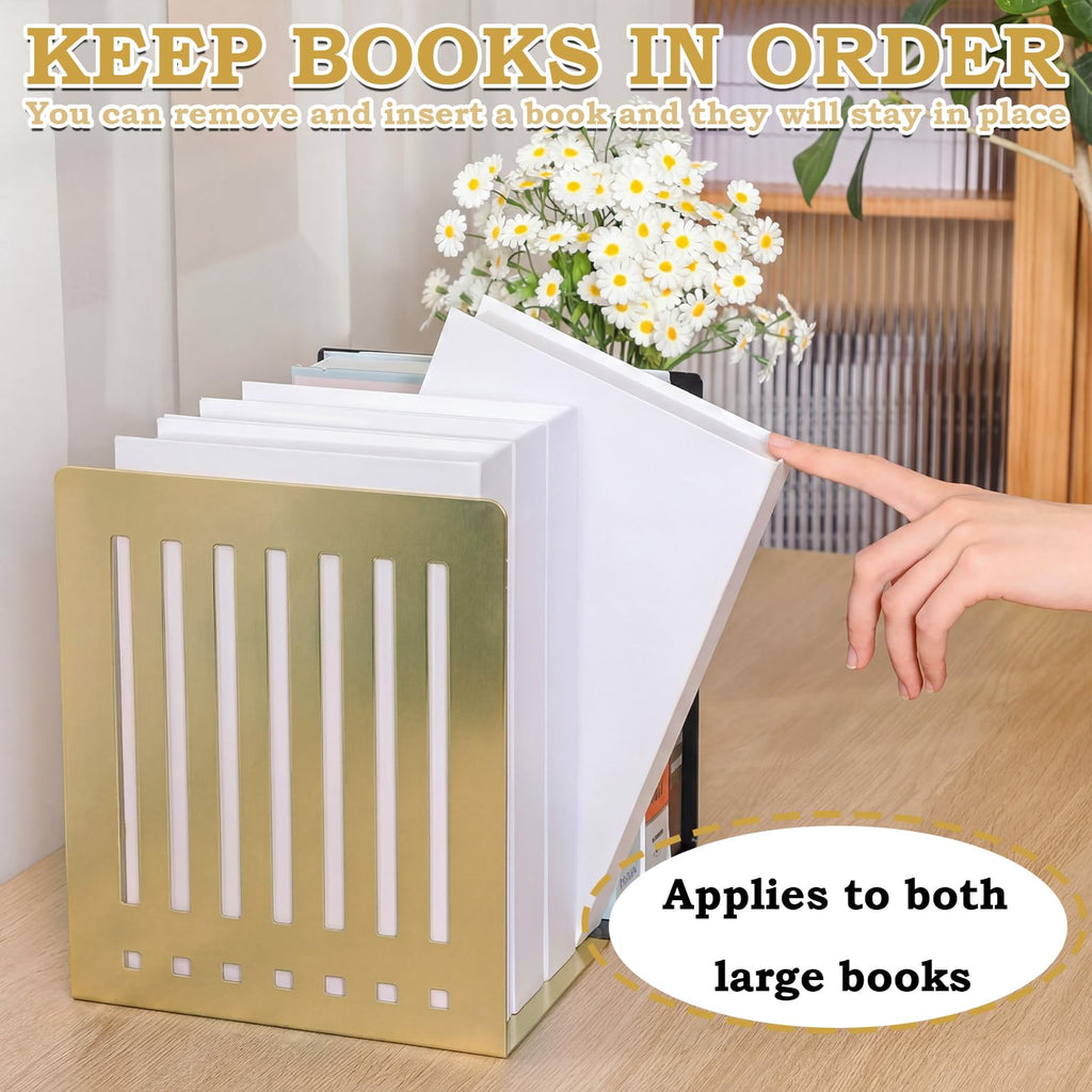 4 Pcs 10 Inch Heavy Duty Bookends Non-Skid Base Large Heavy Duty Book Ends Stopper for Office Books Vinyl Records Shelves Binders (Gold)