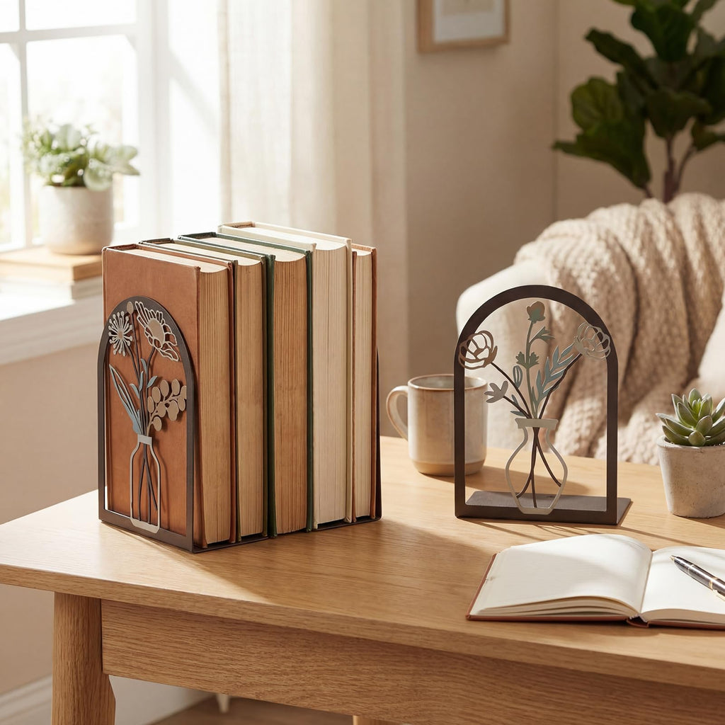 6 Pair Colourful Flower Metal Bookends Decorative Book Ends for Shelves Non-Slip Book Stopper Flower Shelf Holder for Home School Office Heavy Books