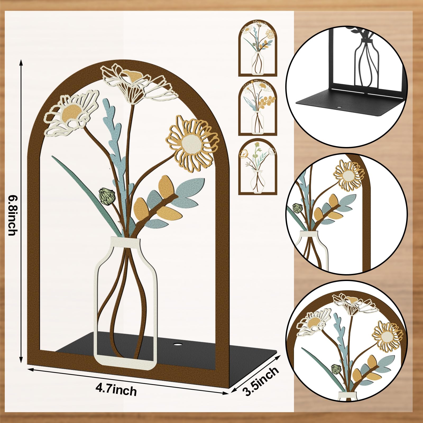 6 Pair Colourful Flower Metal Bookends Decorative Book Ends for Shelves Non-Slip Book Stopper Flower Shelf Holder for Home School Office Heavy Books