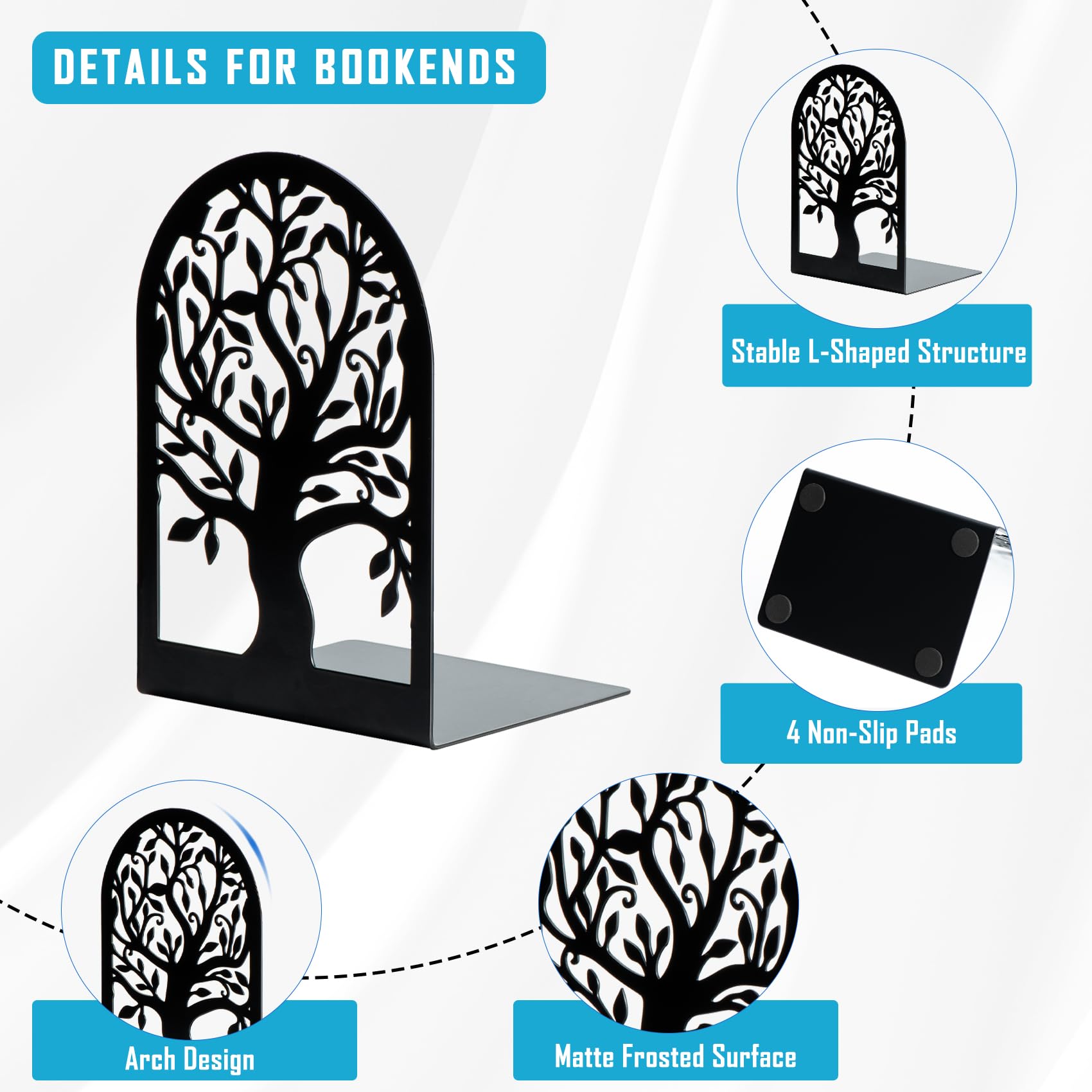 Decorative Bookends for Shelves, 20 Pcs Metal Book Ends for Heavy Books, 10 Pair Black Book Stopper for Home Office Library, 6.9" x 4.7" x 3.5"