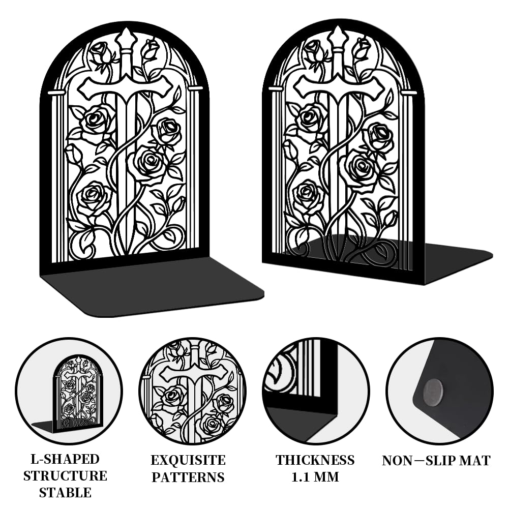 Bookends for Shelves, 2 Pcs Rose Flower Sword Design Book Ends Metal Decorative Bookends for Home Office and Library, Black