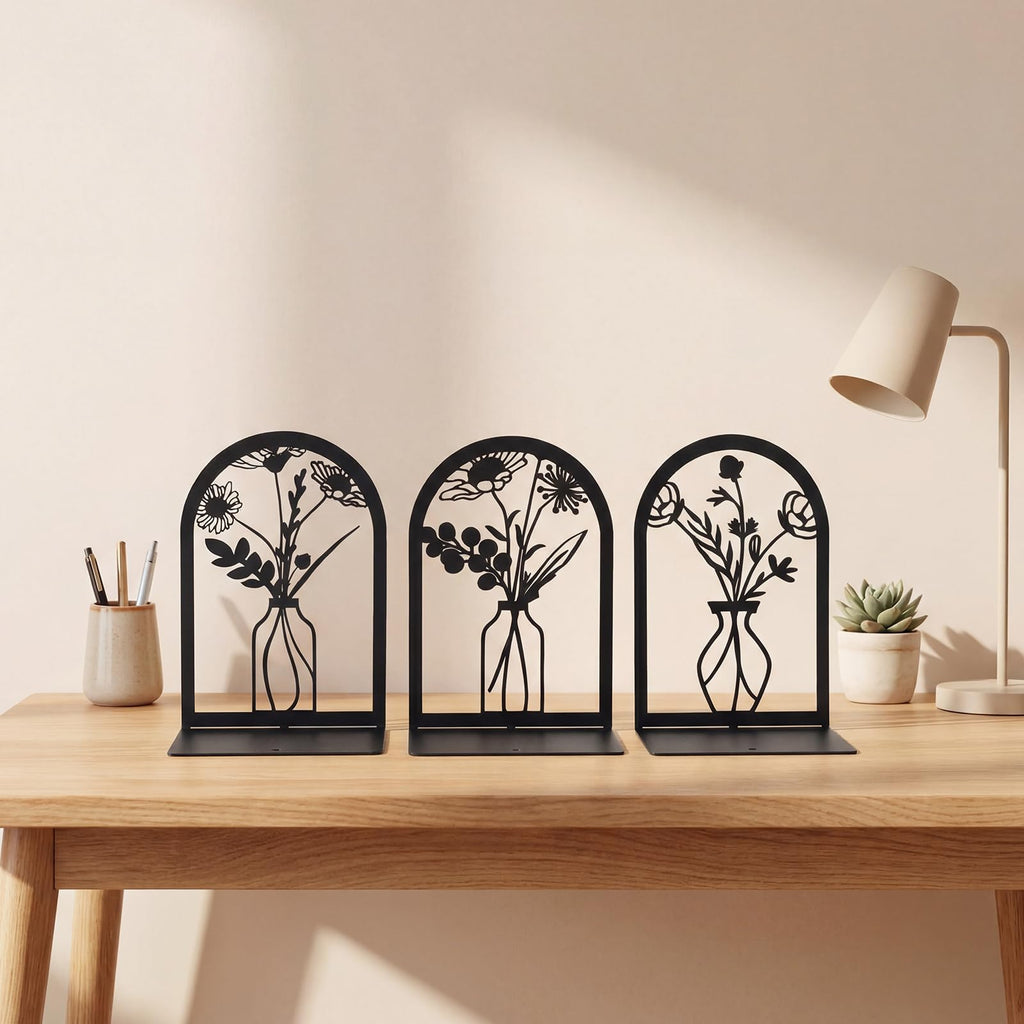 6 Pair Colourful Flower Metal Bookends Decorative Book Ends for Shelves Non-Slip Book Stopper Flower Shelf Holder for Home School Office Heavy Books