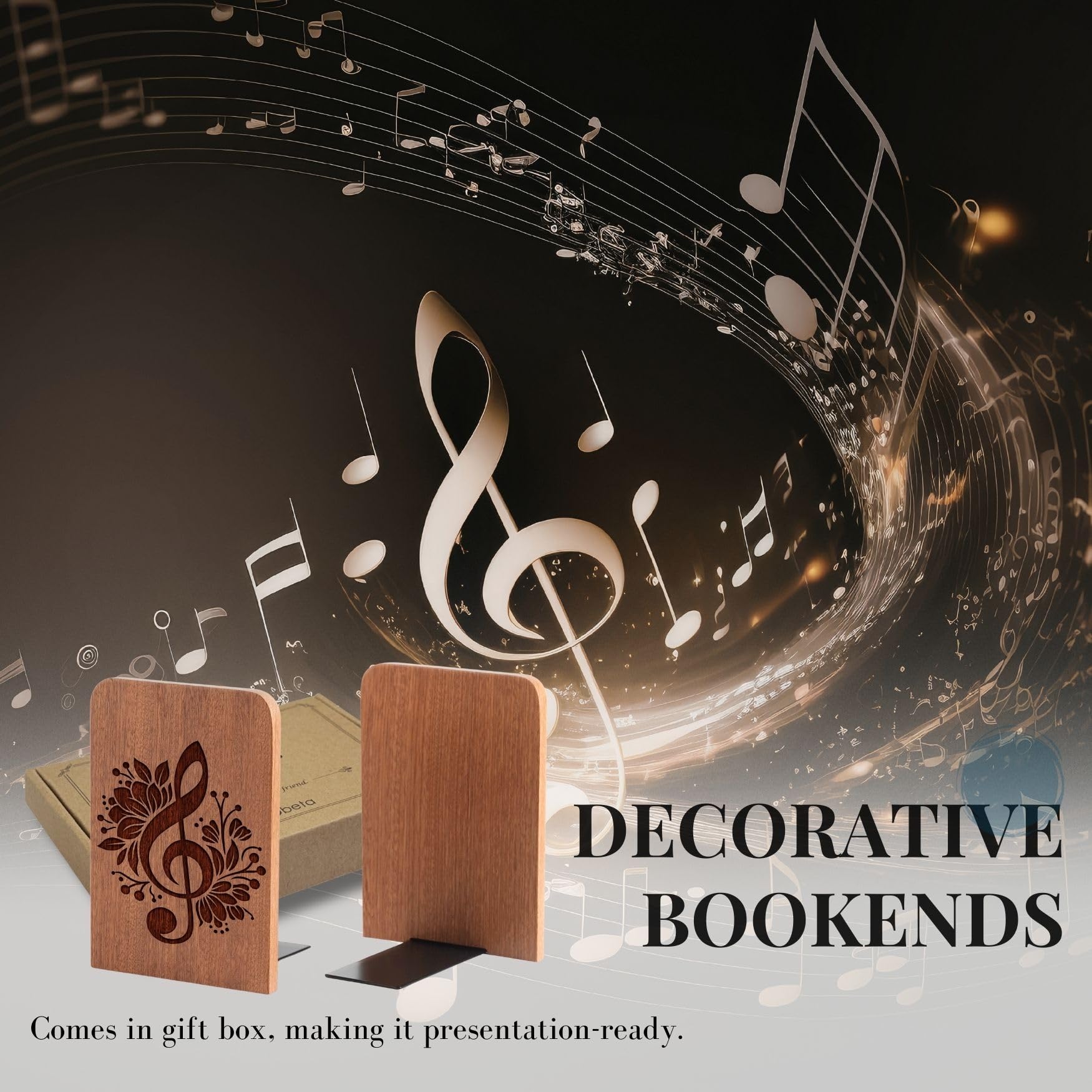 Music Lover Gifts for Women, Music Wood Bookends - Heavy Duty Iron & Ebony Wood Book Ends for Shelves Bookcase Desk - 1 Pair, 4.72x6.69 Inches - Better