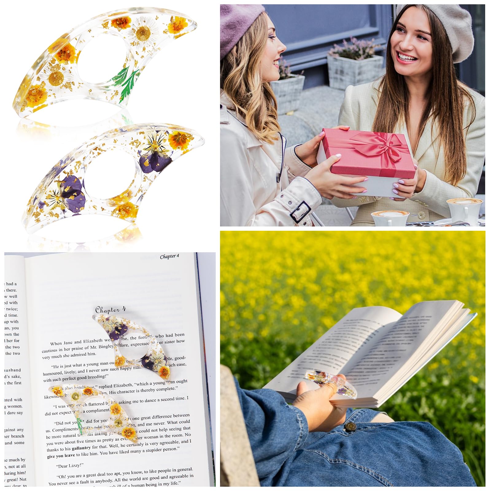 Book Page Holder, Tumwisk 2PCS Book Holder Thumb, Resin Dried Flower Page Holder, Reading Accessories for Reading Lovers, Thumb Bookmark Gifts for Readers Women（Purple and Orange