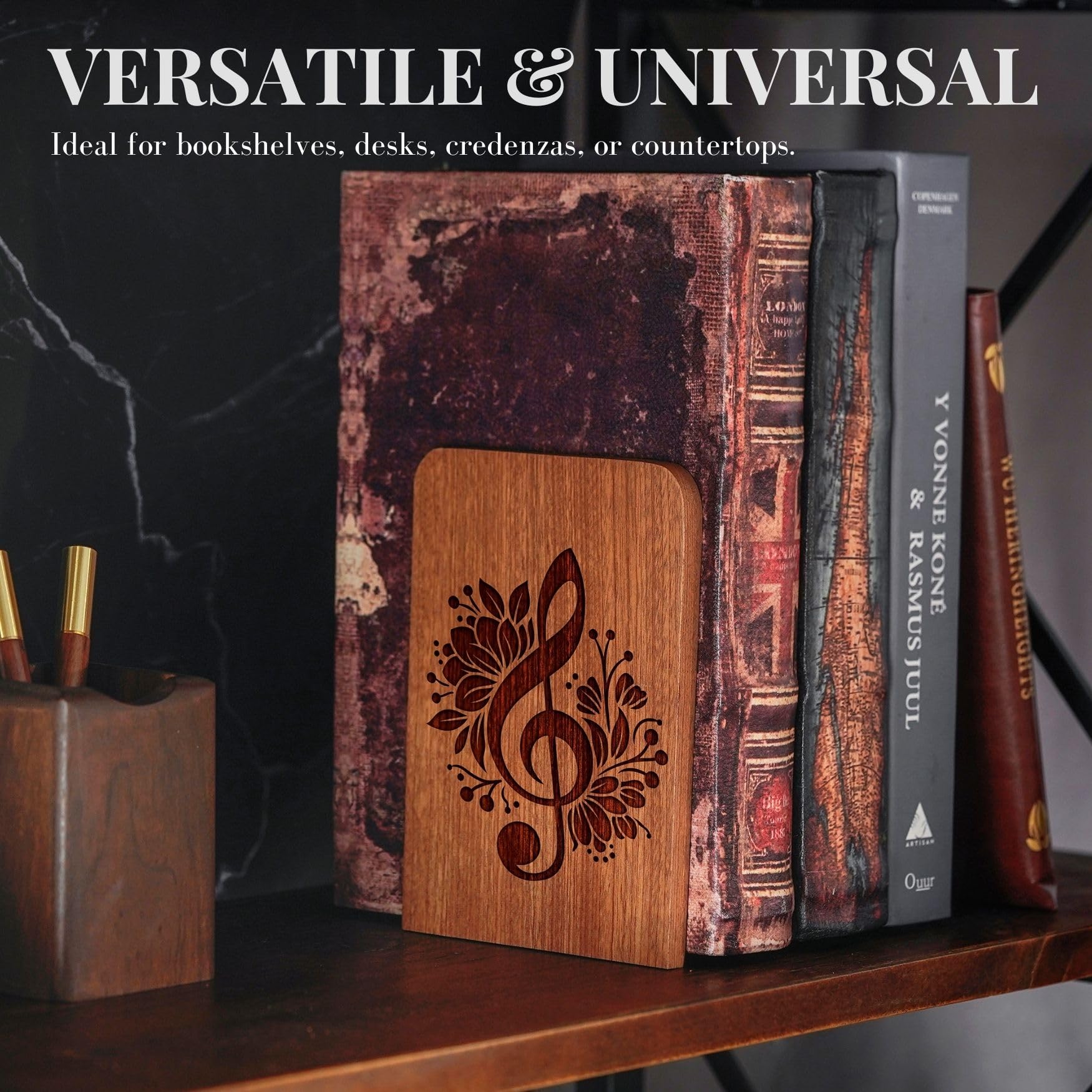 Music Lover Gifts for Women, Music Wood Bookends - Heavy Duty Iron & Ebony Wood Book Ends for Shelves Bookcase Desk - 1 Pair, 4.72x6.69 Inches - Better
