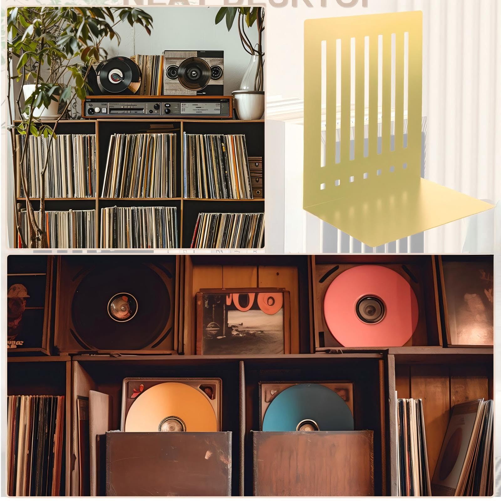 4 Pcs 10 Inch Heavy Duty Bookends Non-Skid Base Large Heavy Duty Book Ends Stopper for Office Books Vinyl Records Shelves Binders (Gold)