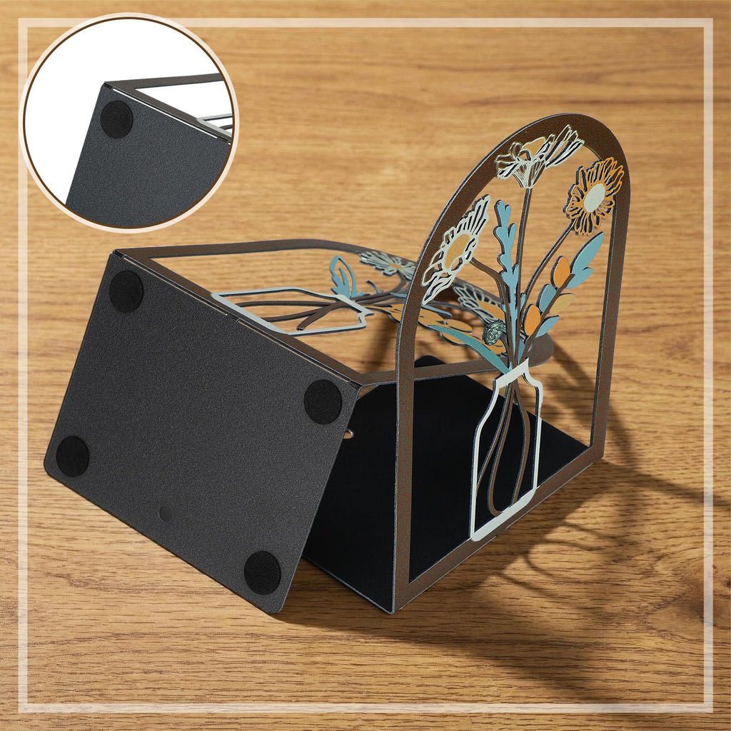6 Pair Colourful Flower Metal Bookends Decorative Book Ends for Shelves Non-Slip Book Stopper Flower Shelf Holder for Home School Office Heavy Books