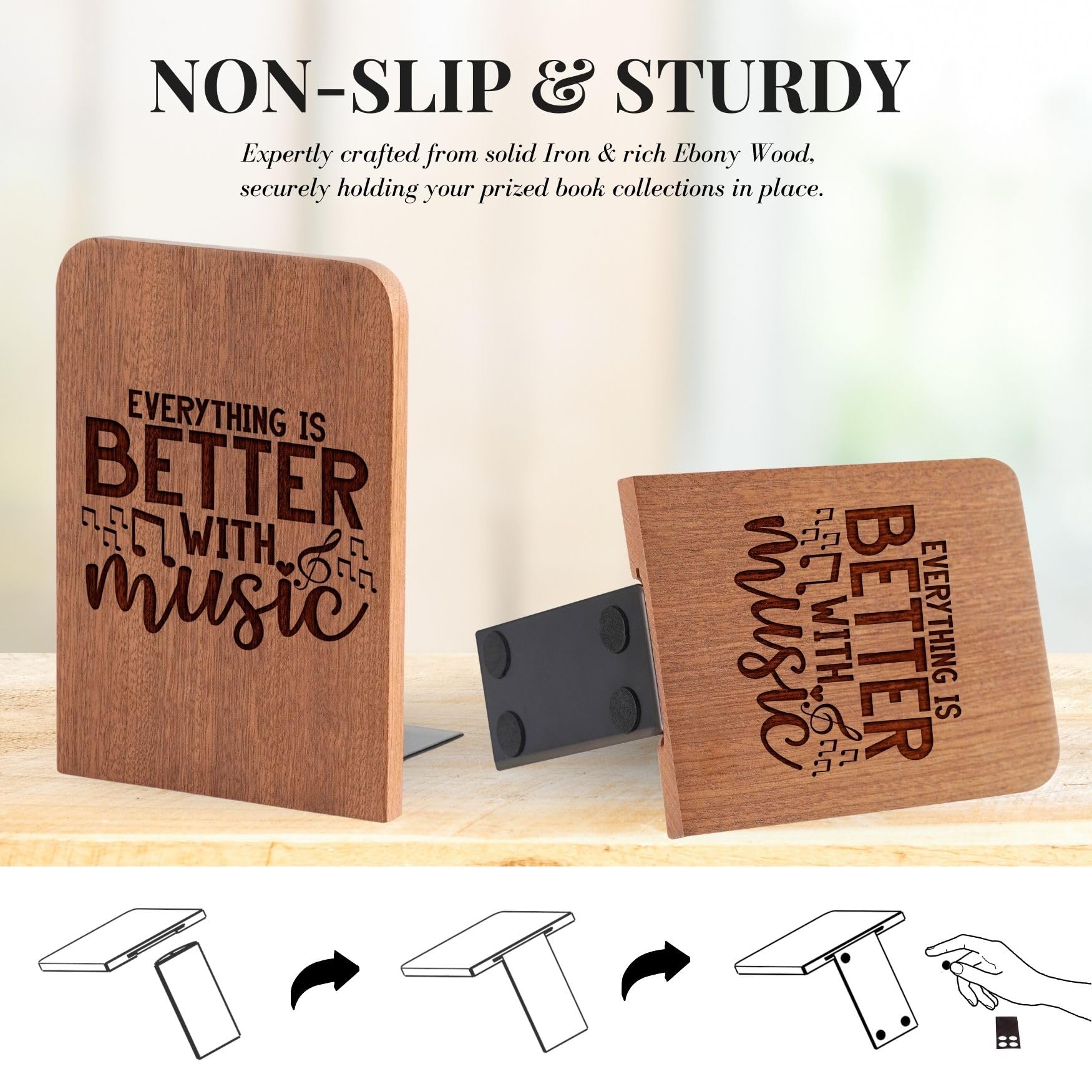 Music Lover Gifts for Women, Music Wood Bookends - Heavy Duty Iron & Ebony Wood Book Ends for Shelves Bookcase Desk - 1 Pair, 4.72x6.69 Inches - Better