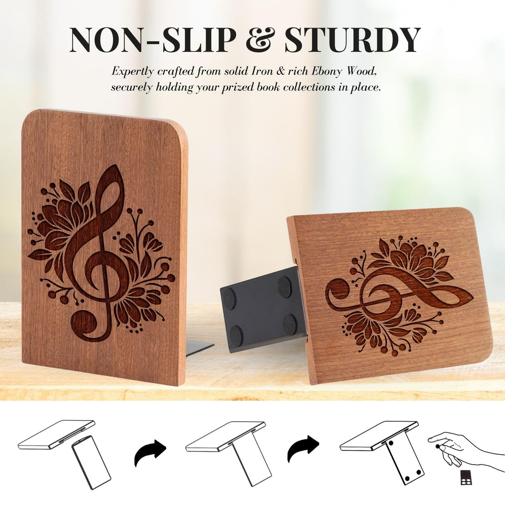 Music Lover Gifts for Women, Music Wood Bookends - Heavy Duty Iron & Ebony Wood Book Ends for Shelves Bookcase Desk - 1 Pair, 4.72x6.69 Inches - Better
