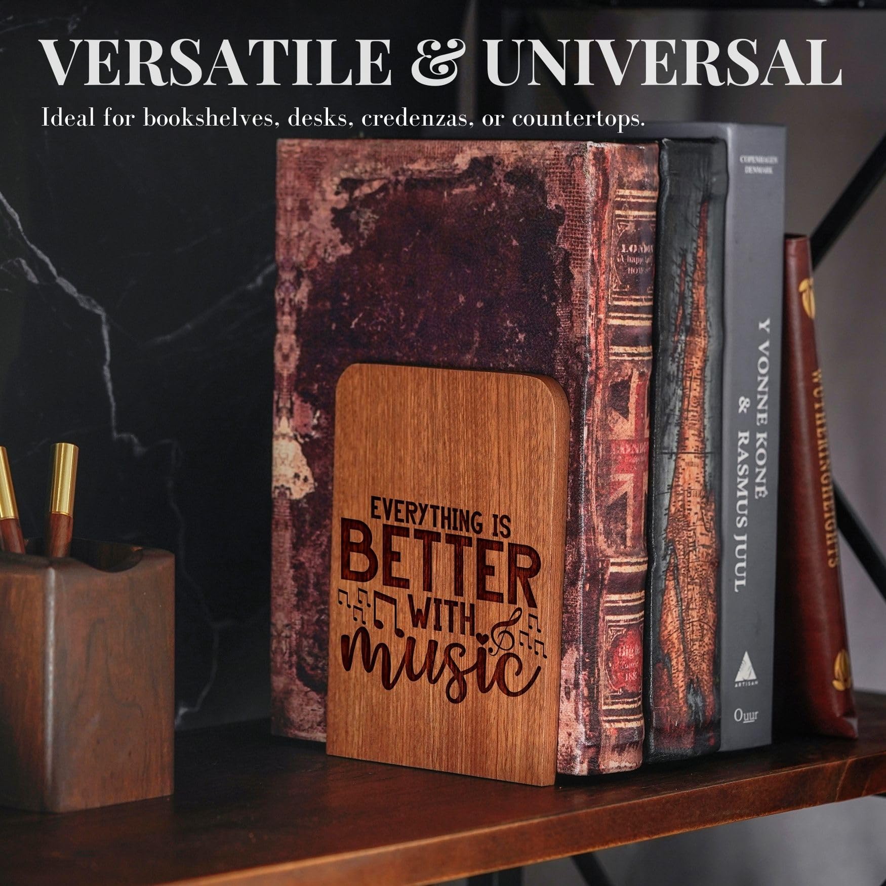 Music Lover Gifts for Women, Music Wood Bookends - Heavy Duty Iron & Ebony Wood Book Ends for Shelves Bookcase Desk - 1 Pair, 4.72x6.69 Inches - Better